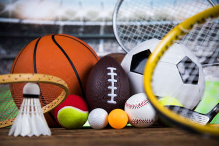 Sport equipment and balls, stadium backgroundの写真素材