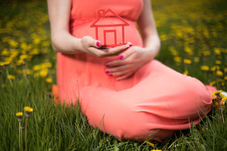 Home, pregnant woman in the meadowの写真素材