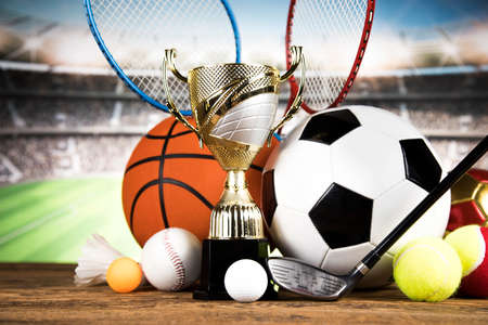 Winning trophy championship award, sport stadium backgroundの写真素材