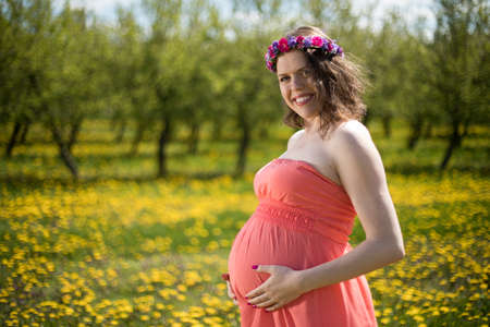 Meadow, Young beautiful pregnant womanの写真素材