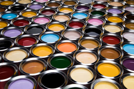 Creativity concept group of tin metal cans with color paintの写真素材