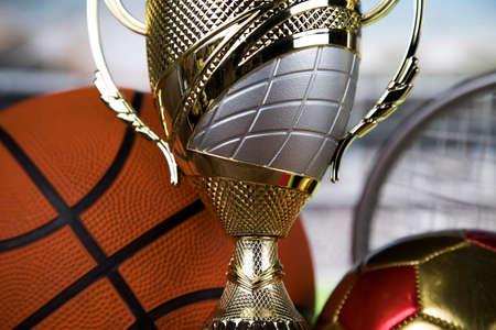 Cups of winners award, Sport equipment and ballsの写真素材