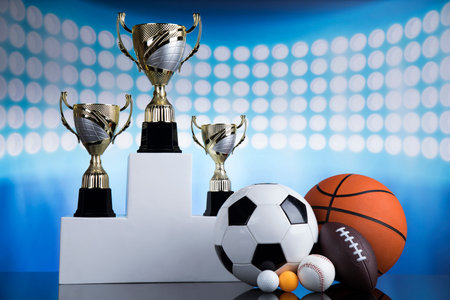 Cups of winners award on white podium, sport background