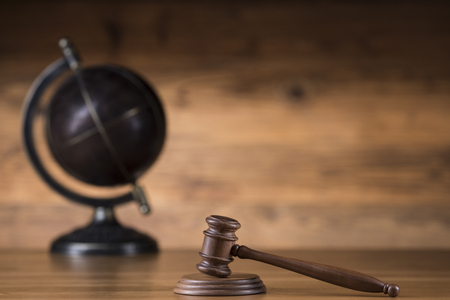 Wooden gavel and books, Law, globe conceptの写真素材