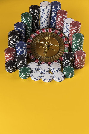 Poker Chips on gaming table, rouletteの写真素材