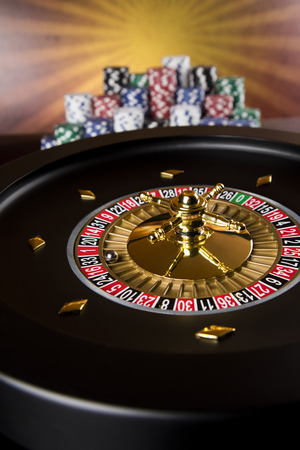 Roulette wheel running in a casino, Poker Chipsの写真素材