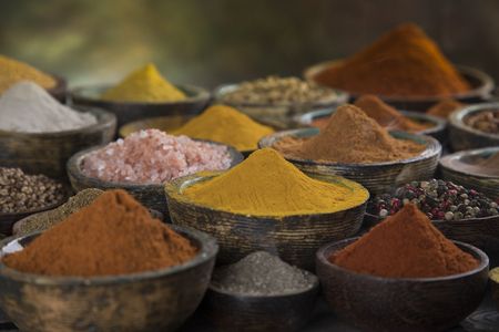 Cookbook and various spices backgroundの写真素材