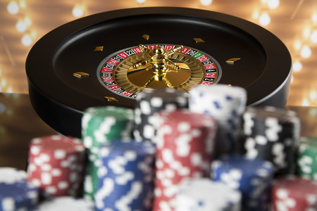 Poker Chips on gaming table, rouletteの写真素材