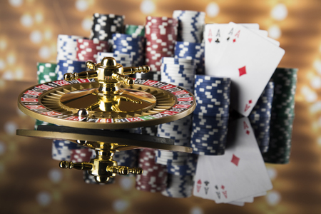 Roulette wheel running in a casino, Poker Chipsの写真素材