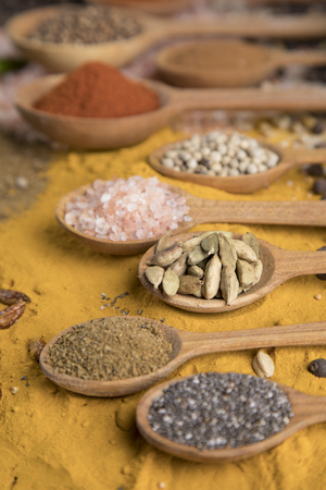 Cookbook and various spices backgroundの写真素材