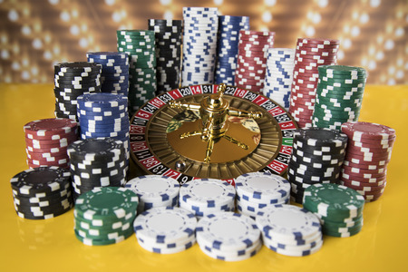 Roulette wheel running in a casino, Poker Chipsの写真素材