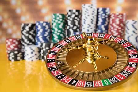 Roulette wheel running in a casino, Poker Chips