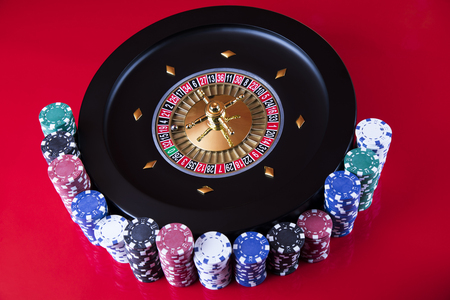 Roulette wheel running in a casino, Poker Chipsの写真素材