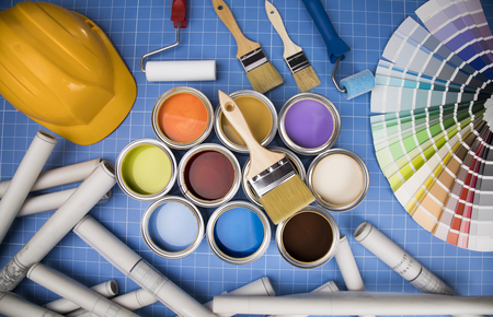 Background from multi color cans of paintの写真素材