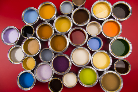 Group of Brush, tin metal cans with color paintの写真素材