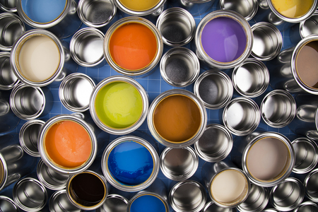 Metal cans with color paintの写真素材