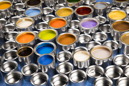 Metal cans with color paintの写真素材