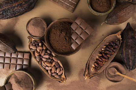 Chocolate Collection, Cocoa pod, candy sweet, dessert on natural paper backgroundの写真素材