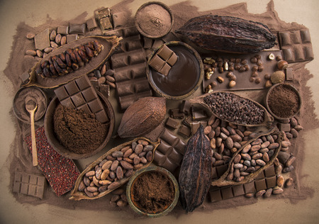 Collection chocolate, Cocoa pod, candy sweet, dessert on natural paper backgroundの写真素材