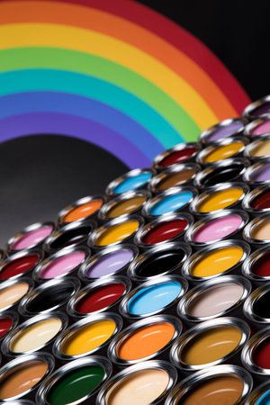 Creativity concept group of tin metal cans with color paintの写真素材