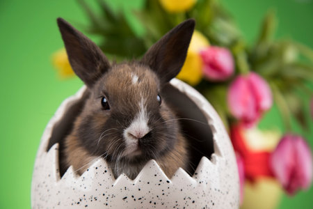 Easter holiday, with eggs, flowers and bunny