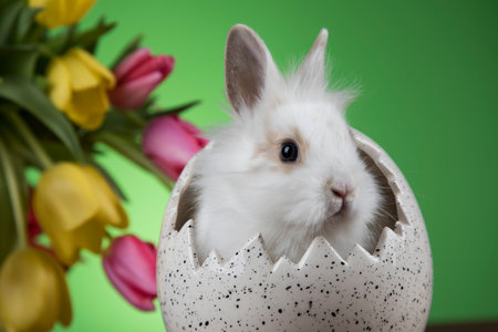 Rabbit and easter eggs, and tulip flower in green background