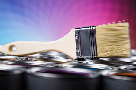 Metal tin cans with color paint and paintbrush