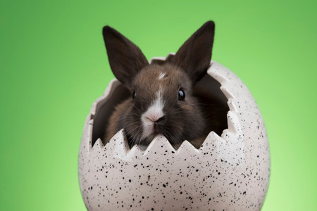 Bunny, rabbit and easter eggs on green background