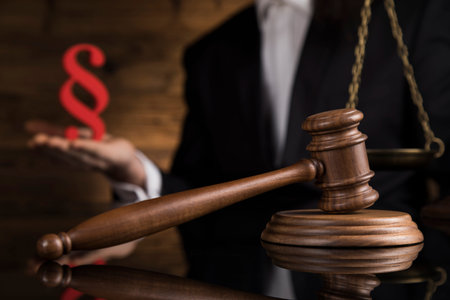 Law and justice concept, Brown wooden background