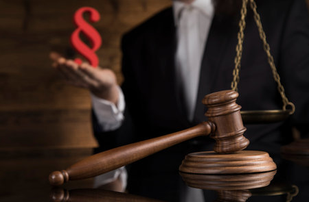 Law and justice concept, Brown wooden background