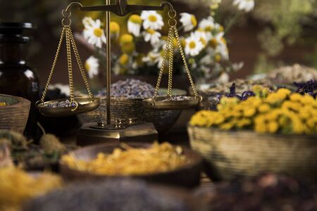 Natural remedy and wooden table backgroundの写真素材