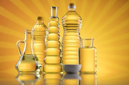 Healthy oil from sunflower, olive, rapeseed oil. Cooking oils in bottleの写真素材