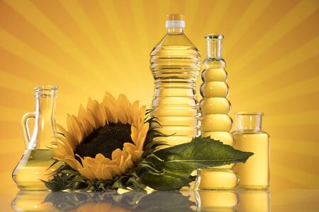 Sunflower oil, Cooking oils, bottles  backgroundの写真素材