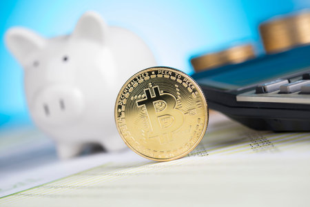 Virtual money, Currency. Bitcoin coins, financial