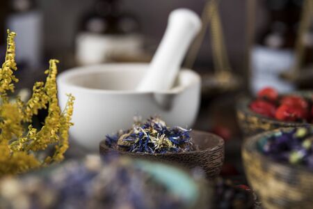 Natural remedy and wooden table backgroundの写真素材