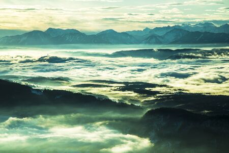 Fantastic winter landscape, sunset, snow covered treesの写真素材