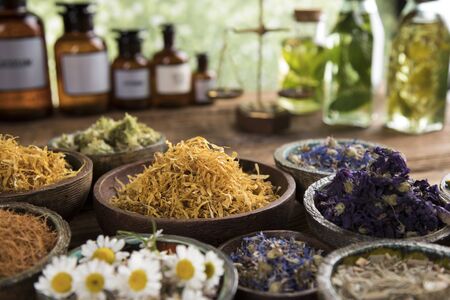 Alternative medicine, dried herbs backgroundの写真素材