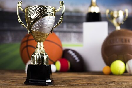 Podium for sports awards, equipment and ballsの写真素材