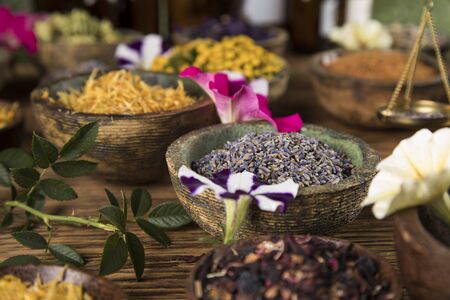 Homeopathy, herbal medicine on wooden tableの写真素材