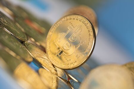 Golden Bitcoin Coin, virtual money, financial conceptの写真素材