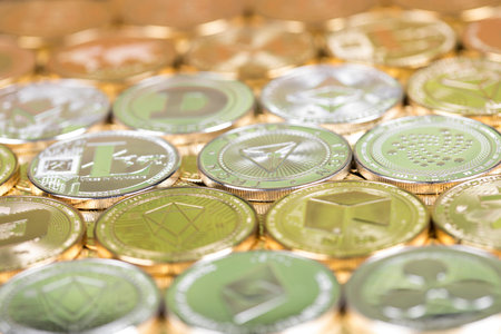 Cryptocurrencys new digital money, Bitcoin, litecoin, etherium coins close up