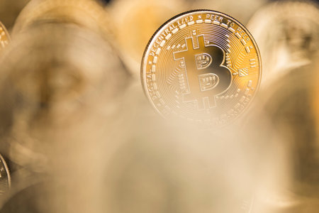 Virtual money, Currency. Bitcoin coins, financial