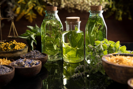 Fresh herbs and oils, wooden table background