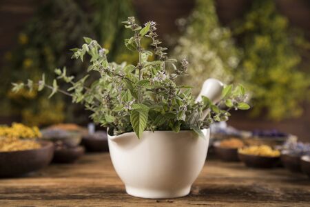 Natural remedy,Herbal medicine and wooden table backgroundの写真素材