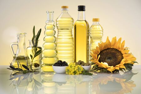 Cooking and food oil products, Extra virgin olive, sunflower seed, rapeseed oilの写真素材