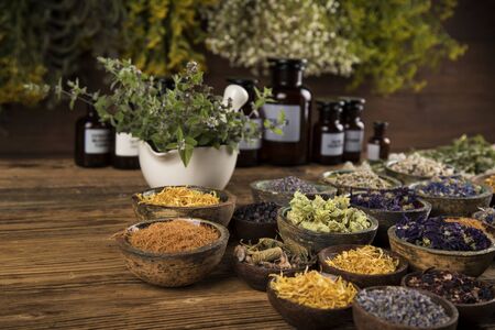 Alternative medicine, dried herbs backgroundの写真素材