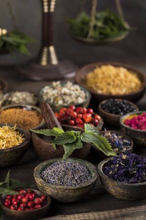 Natural remedy and wooden table backgroundの写真素材
