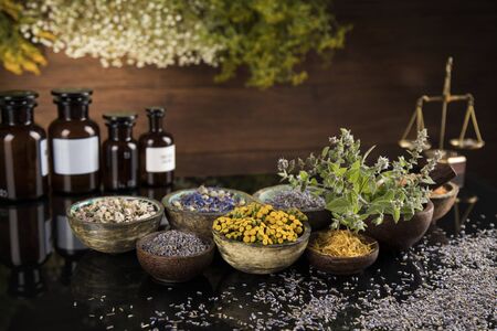 Alternative health, fresh herbal and mortar in black mirror backgroundの写真素材