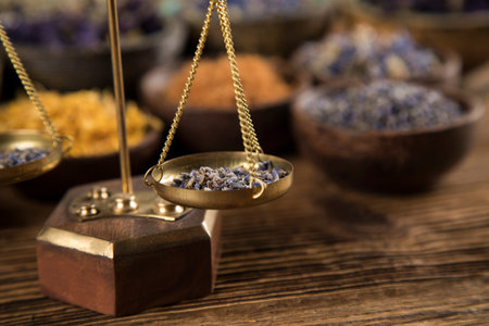 Natural remedy,Herbal medicine and wooden table backgroundの写真素材