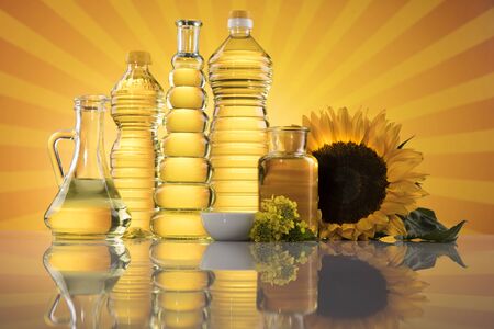 Sunflower oil, Cooking oils, bottles  backgroundの写真素材